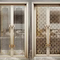 Elegant Modern Double Doors With Glass Panels And Gold Patterned Accents