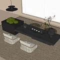 Modern Black Tea Table and Woven Design Chairs with White Cushions Decorative Items Tea Set Near Window Carpet Pendant Light