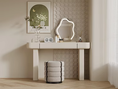 White Vanity Table With Illuminated Mirror Vase Art On Textured Tile Wall And Wooden Floor 3d model