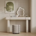 White Vanity Table With Illuminated Mirror Vase Art On Textured Tile Wall And Wooden Floor