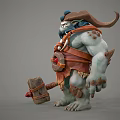 Horned Muscular Mythical Game Movie Character With Orange Armor Axe Clawed Feet And Red Gem