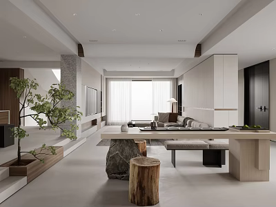 Open Modern Living Dining Room Interior With Stone Coffee Table Wooden Stools And Plant 3d model