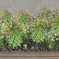 Lush Green Shrubs With White Flowers And Lanterns On Pebbles And Wooden Platform
