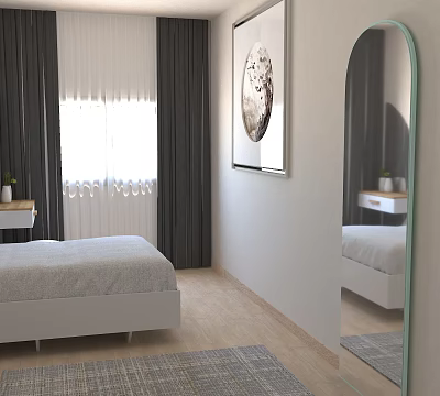 Kids Room Interior With White Bed Gray Curtains Window Circular Wall Art And Wooden Floor 3d model