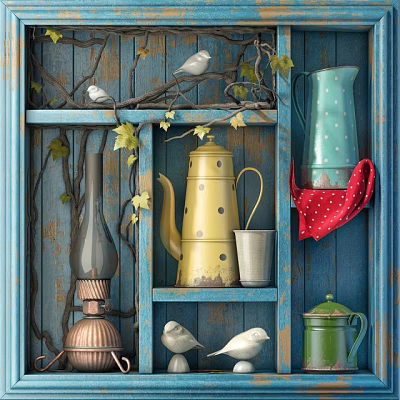 Blue Wall Cabinet with Decorative Birds Vines Vintage Kettle and Cup 3d model