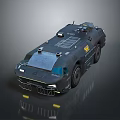 Dark Colored Armored Military Vehicle With Roof Mounted Equipment And Body Insignia