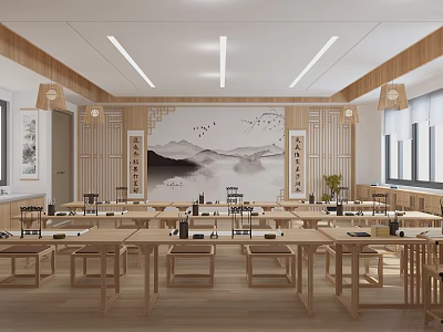 Traditional Chinese School Classroom With Wooden Desks Landscape Paintings And Bright Windows 3d model