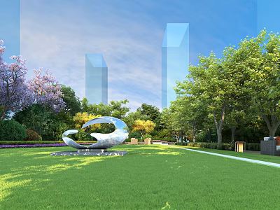 Residential Landscape Design With Green Lawn Trees Modern Sculpture And Tall Buildings 3d model