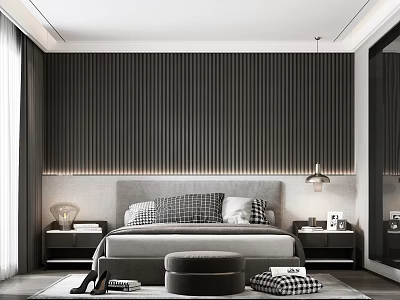 Modern Elegant Bedroom With Gray Bed Striped Accent Wall Round Ottoman Nightstands Lamp Rug Mirror 3d model