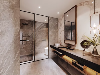 Elegant Hotel Bathroom With Marble Walls Glass Shower Large Mirror And Vanity 3d model