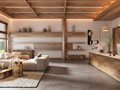 Hotel Lobby With Wooden Ceiling Sofa Area Wooden Reception Desk And Ceramic Jars 3d model