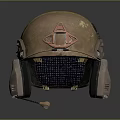 Brown Tactical Helmet With Red Triangular Attachment Worn Surface And Ear Cups 3d model
