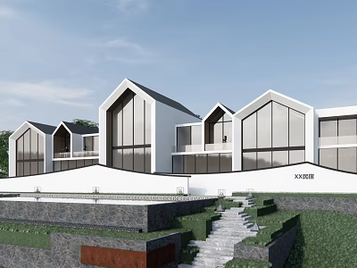 Modern Boutique Hotel Building With White Exterior Gabled Roofs And Large Glass Windows 3d model