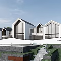 Modern Boutique Hotel Building With White Exterior Gabled Roofs And Large Glass Windows