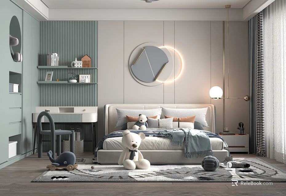 Light Green And White Kids Room With Round Mirror Bed Stuffed Toys Desk And Rug 3d model 