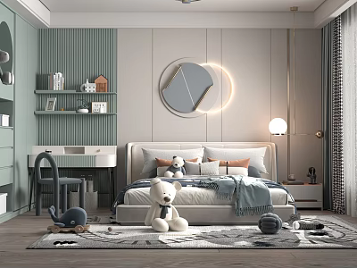 Light Green And White Kids Room With Round Mirror Bed Stuffed Toys Desk And Rug 3d model