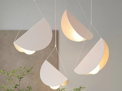 Illuminated Modern Semicircular White Chandeliers In Interior With Green Plants 3d model
