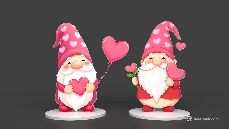 Cute Game Movie Characters With Pink Heart Patterned Hats Red Outfits And Heart Balloon 3d model 