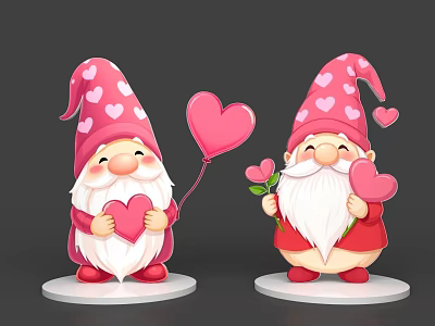 Cute Game Movie Characters With Pink Heart Patterned Hats Red Outfits And Heart Balloon 3d model