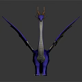 3D Blue Dragon Model with Horns and Wings Standing on Dark Background
