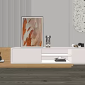 Modern White Wooden TV Stand With Open Shelves Painting Decorative Items On Striped Wall