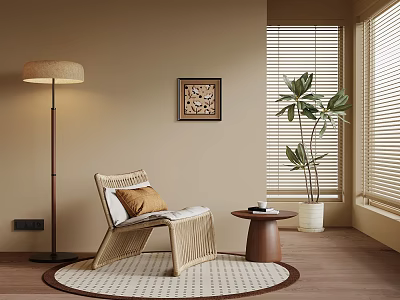 Warm Living Space With Wicker Chair Floor Lamp Blinds And Potted Plant 3d model
