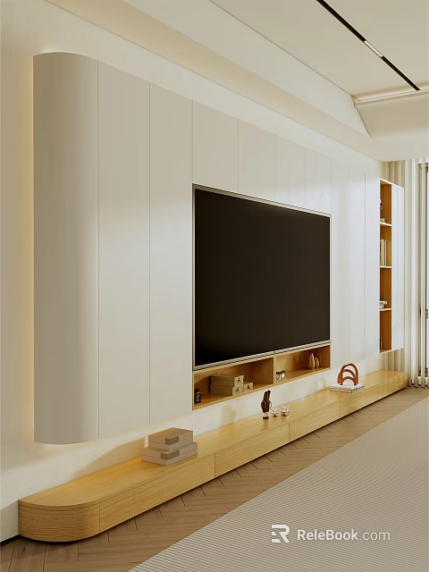 Modern TV Cabinet Design With White Wall Wooden Top Embedded TV And Storage Shelves 3d model 