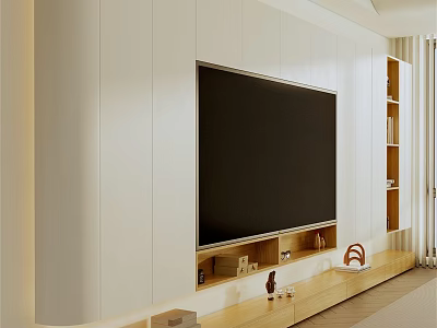 Modern TV Cabinet Design With White Wall Wooden Top Embedded TV And Storage Shelves 3d model