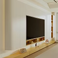 Modern TV Cabinet Design With White Wall Wooden Top Embedded TV And Storage Shelves