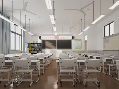 The picture mainly shows a classroom scene with desks, chairs, blackboards, and ceiling fans, without a shoe bench. Therefore, it is impossible to generate an English title with "shoe bench" as the main body based on the picture information. 3d model