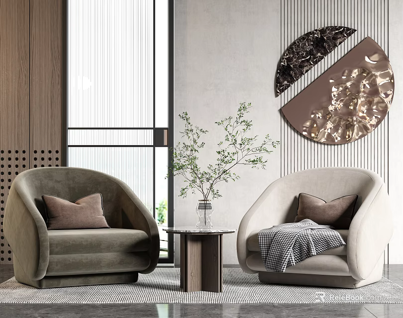 Plush Casual Sofa Set With Two Armchairs Small Coffee Table And Decorative Wall Art 3d model 