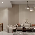 Modern Living And Dining Room Interior With Sofa Dining Table Pendant Lights And Rug