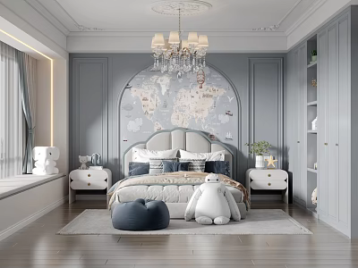 Modern Cozy Kids Room Interior With Soft Bed Stuffed Toys And Decorative World Map Wall 3d model