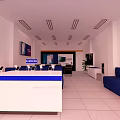 Modern Meeting Room With Blue Sofas Large Screen White Walls Tile Floor And Plant