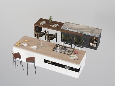 Modern Home Bar Counter With White Wooden Top Marble Surface Stools And Tableware Fruit 3d model