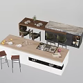 Modern Home Bar Counter With White Wooden Top Marble Surface Stools And Tableware Fruit