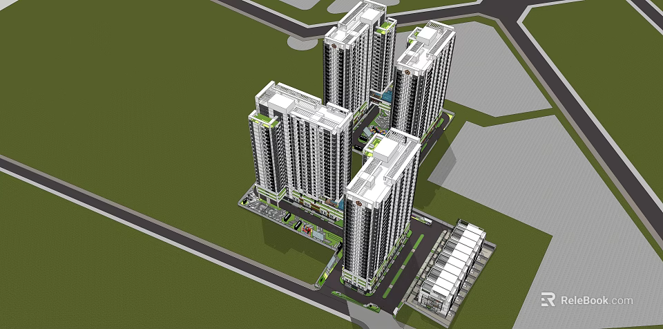 Modern High Rise Residential Complex With Greenery Parking And Surrounding Roads 3d model 
