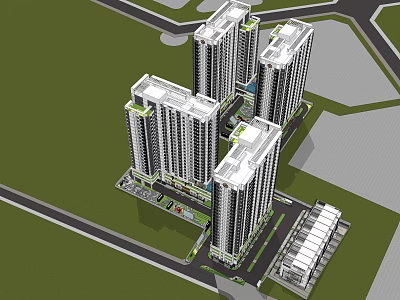 Modern High Rise Residential Complex With Greenery Parking And Surrounding Roads 3d model