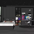 Modern Gaming Entertainment Room With Gaming Chair Computer Neon Lights Bed And Storage Cabinets