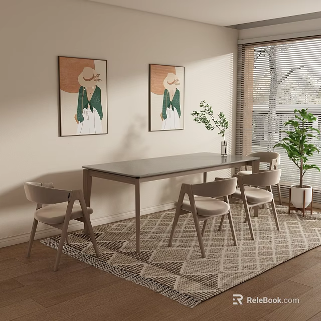Modern Exhibition Hall Interior With Long Table Four Chairs Wall Paintings Potted Plant And Rug 3d model 