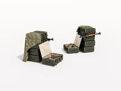Military Weapons in Open Green Storage Cases with Camouflage Cover and Small Container 3d model
