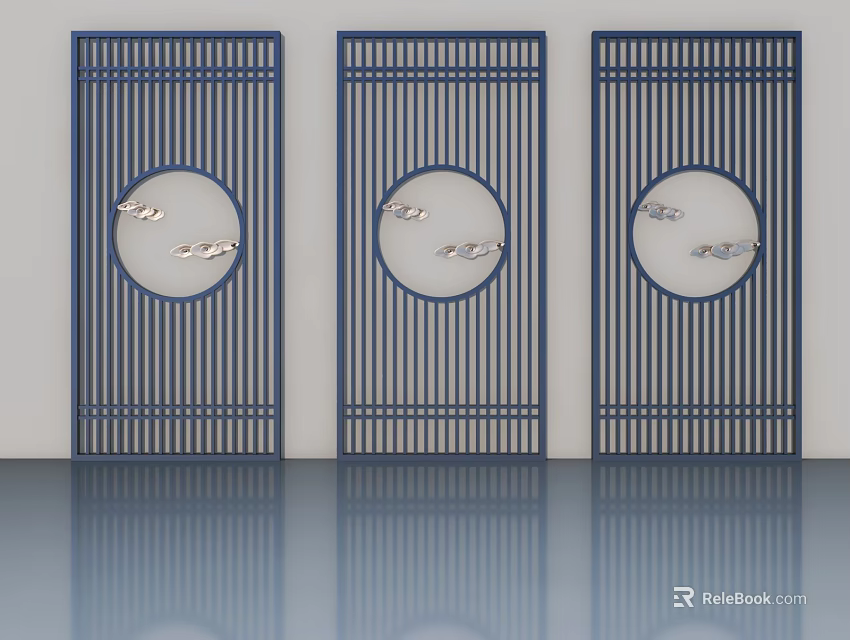 Blue Framed Hinged Doors Featuring Circular Decorations Lattice Design And Cloud Patterns 3d model