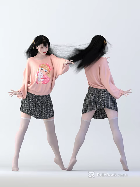 Woman with flowing black hair wearing pink sweater and black plaid skirt with white stockings 3d model 