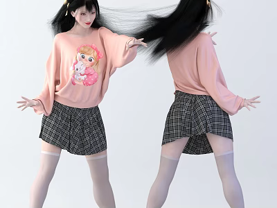 Woman with flowing black hair wearing pink sweater and black plaid skirt with white stockings 3d model