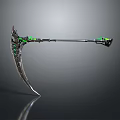 Fantasy Scythe Weapon With Long Handle Black Body Glowing Green Accents And Sharp Blade