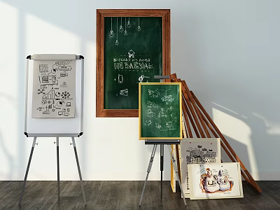Musical Instruments and Art Supplies Featuring Easels Chalkboard and Sketches 3d model