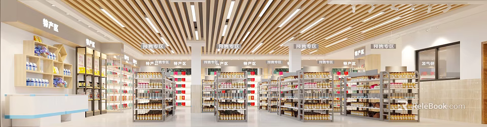 Modern Supermarket Interior With Shelves And Product Zones 3d model 