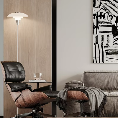 Black Leather Leisure Chair With Wooden Armrests Next To Gray Sofa And Side Table 3d model