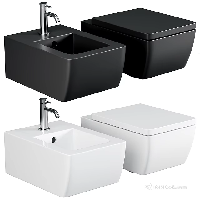 Modern Bathroom Toilet And Sink Set In Black And White Minimal Design 3d model 