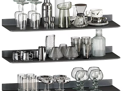 Modern Glass Tableware Set with Cups Bottles Goblets and Jars on Display Shelves 3d model